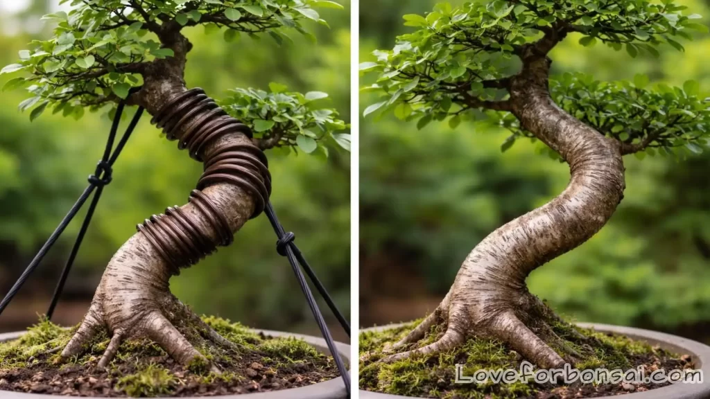A young bonsai trunk bent and held in place with wire, showing the tree's response with thickened wood at the bend point.