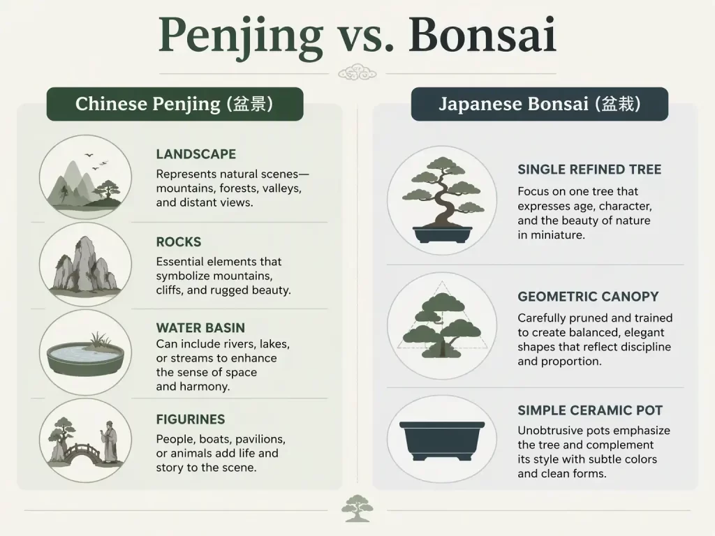 Penjing vs Bonsai infographic comparing aesthetic goal, primary styling method, pot type, and landscape elements.