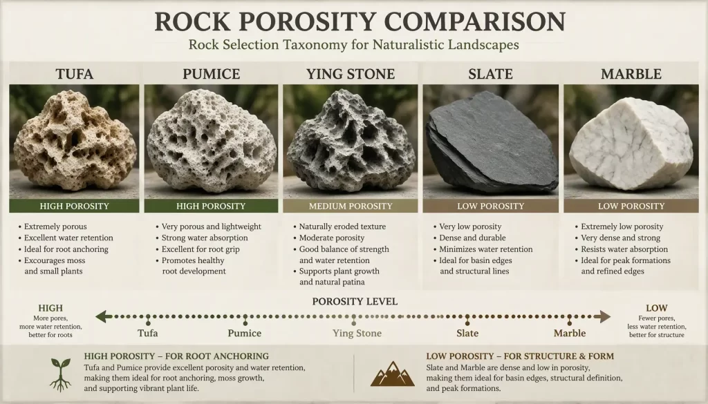 Infographic guide classifying Ying stone, Tufa, Pumice, and Slate by porosity and Penjing moisture function.
