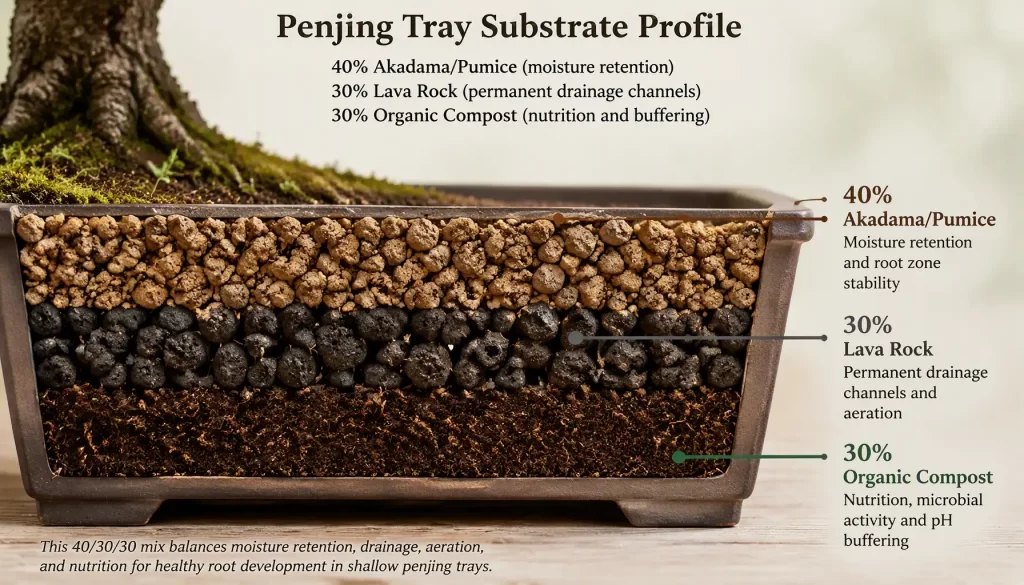 infographic showing substrate mix ratio of 40 percent Akadama, 30 percent Lava Rock, and 30 percent Organic Compost.