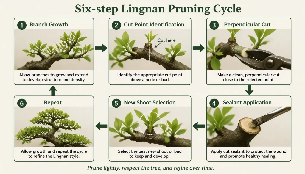 Step-by-step diagram of the Lingnan Clip and Grow pruning technique for Penjing trunk taper.