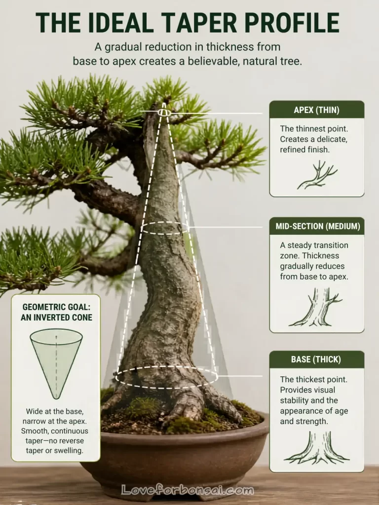 Diagram showing an inverted cone shape overlaid on a bonsai trunk, illustrating proper taper from base to apex