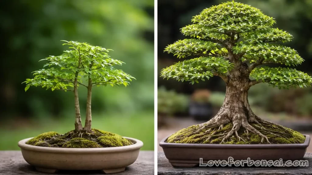 Comparison of two bonsai trees showing a thin toothpick-like trunk next to a thick, tapered trunk with visible nebari.
