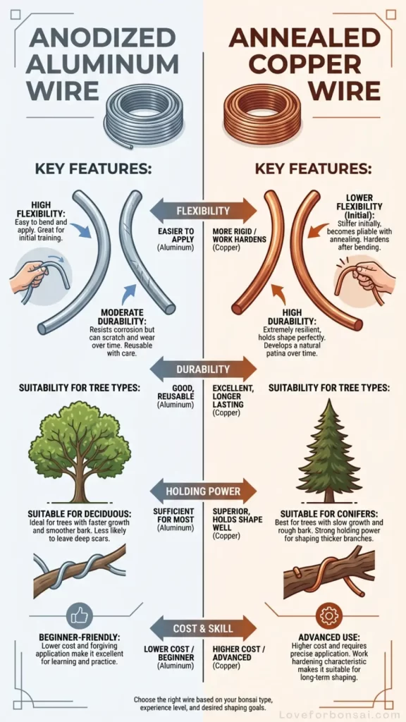Comparison of aluminum and copper bonsai wires, detailing flexibility and suitability for deciduous and conifer trees.