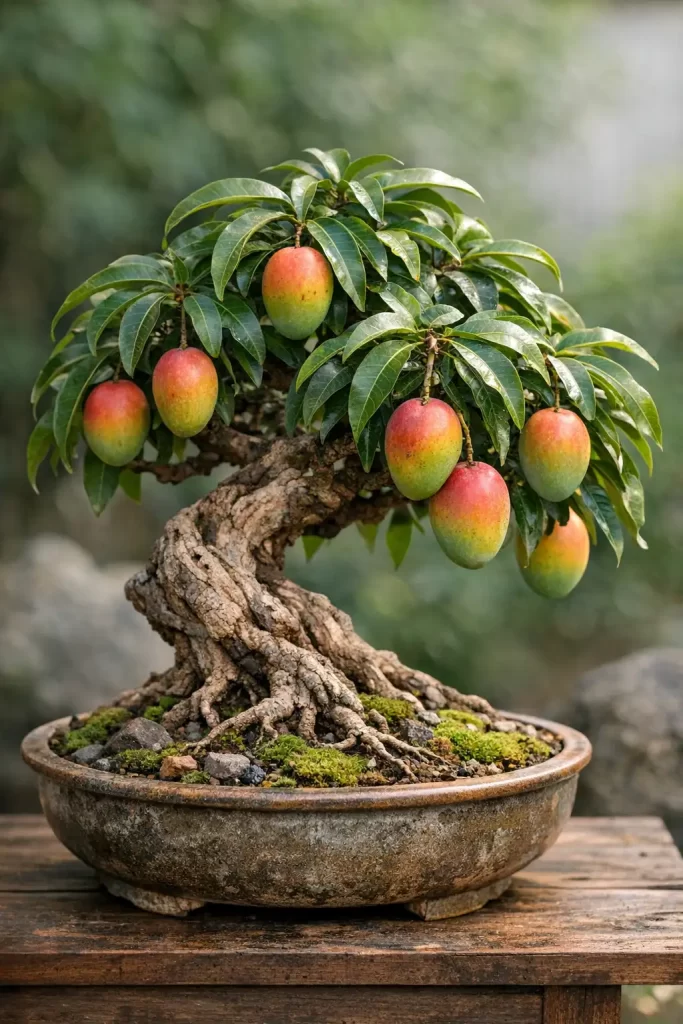 A mango bonsai tree with small leaves and fruit