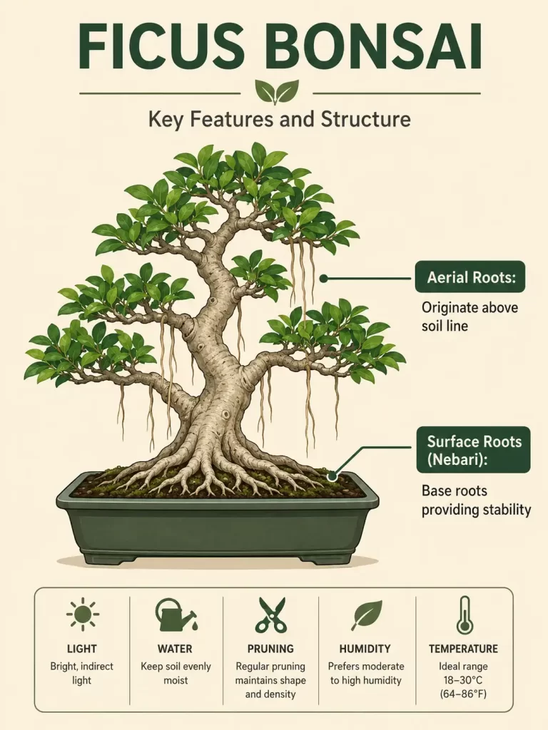 A vector diagram of a Ficus bonsai tree highlighting the difference between aerial roots hanging from branches and surface roots (nebari) at the soil line.