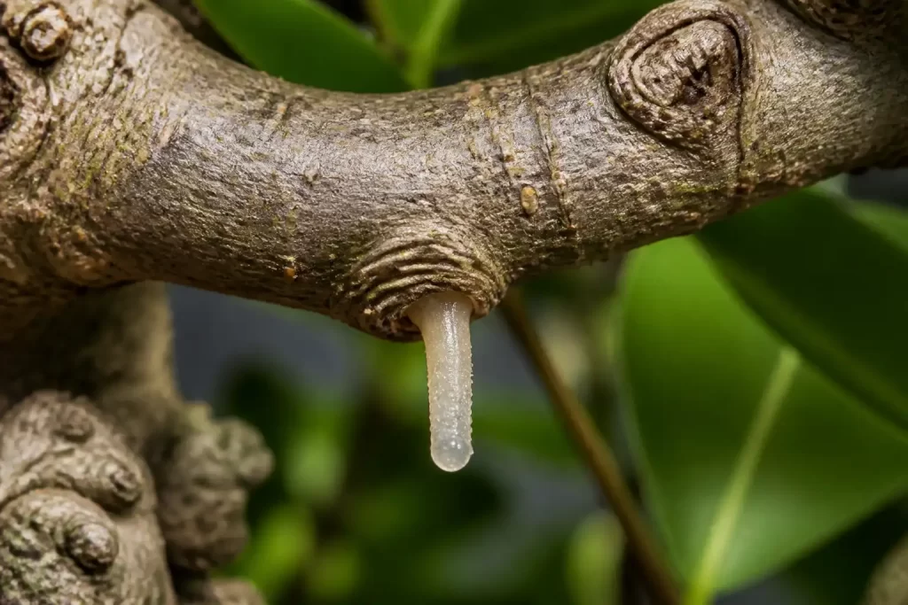 A macro close-up of a textured Ficus bonsai branch showing a tiny, fresh white aerial root tip just beginning to sprout and grow downward.