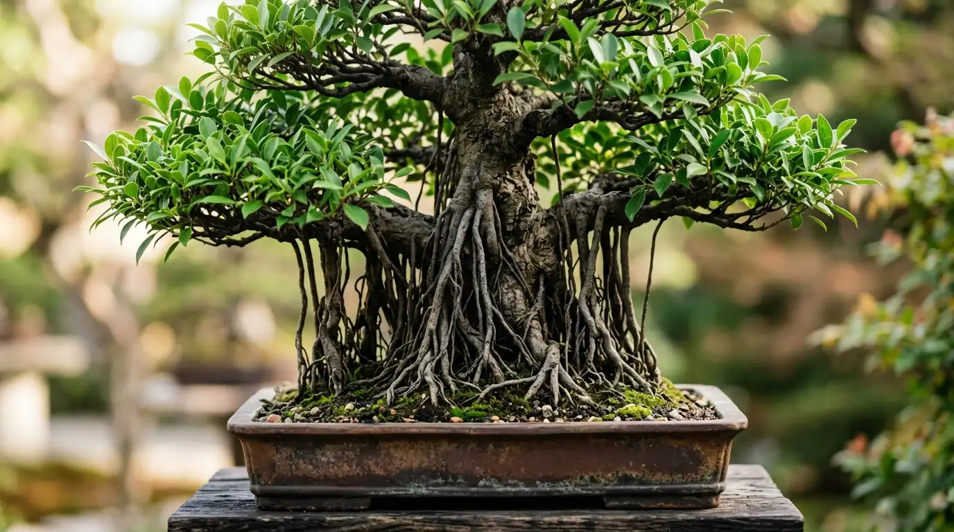A close-up shot of an ancient-looking Ficus retusa bonsai tree in a ceramic pot, featuring thick, rope-like aerial roots descending from the branches into the soil.