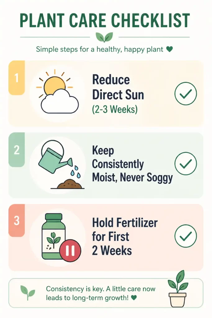 An icon-driven visual summary card showing care rules like reducing sun exposure and uniform soil watering.