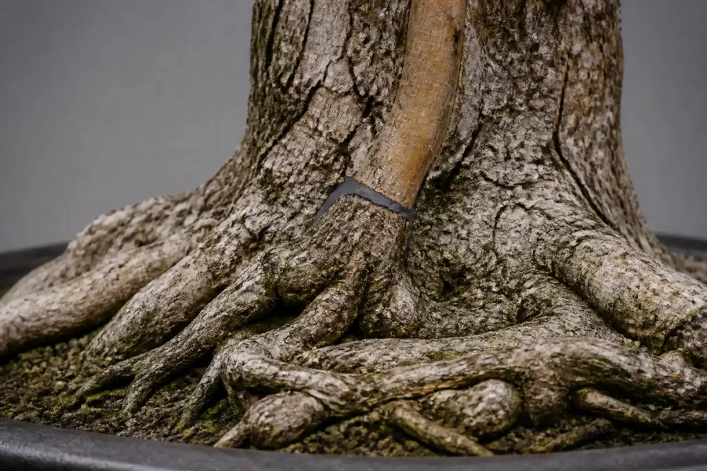 Close-up of a Ficus bonsai base where an aerial root has been surgically grafted onto the flare root, covered in dark wound paste.