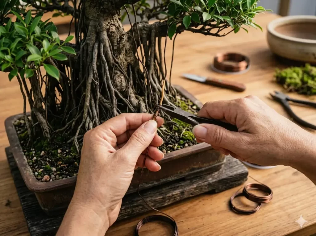 Close-up of human hands gently wrapping thin copper bonsai wire around a young, flexible Ficus aerial root to guide its growth downward.